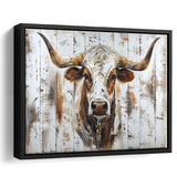 Highland Longhorn Cow Painted On Wood Rustic Cabin V2, Framed Canvas Print Wall Art Decor,Floating Frame