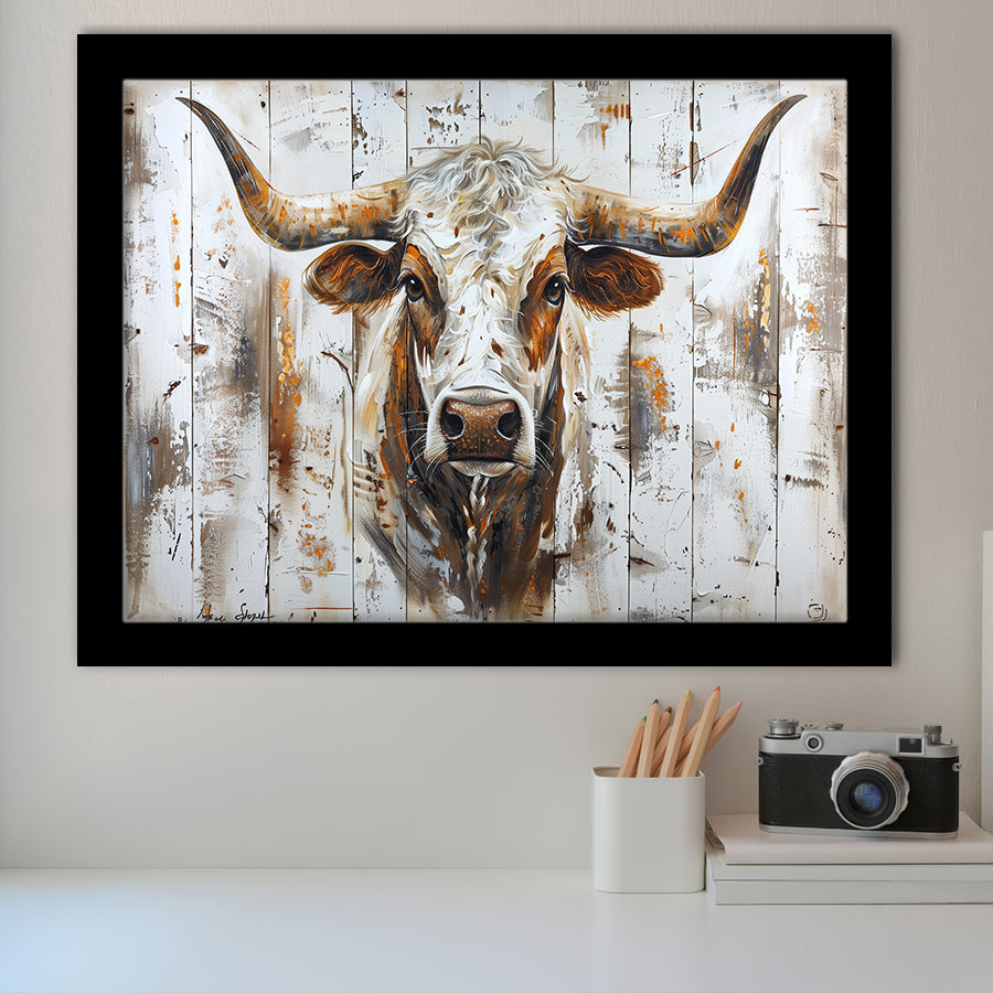Highland Longhorn Cow Painted On Wood Rustic Cabin V2, Framed Art Print Wall Decor, Framed Picture