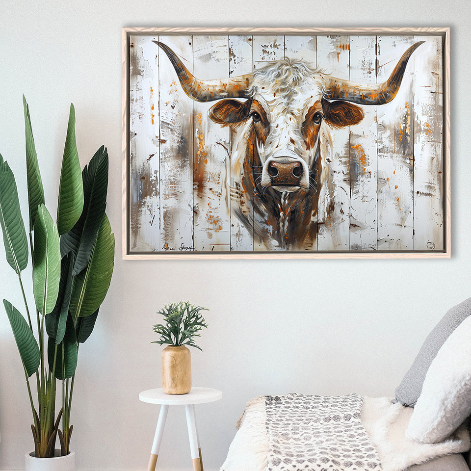 Highland Longhorn Cow Painted On Wood Rustic Cabin V2, Framed Canvas Print Wall Art Decor,Floating Frame