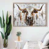 Highland Longhorn Cow Painted On Wood Rustic Cabin V2, Framed Canvas Print Wall Art Decor,Floating Frame