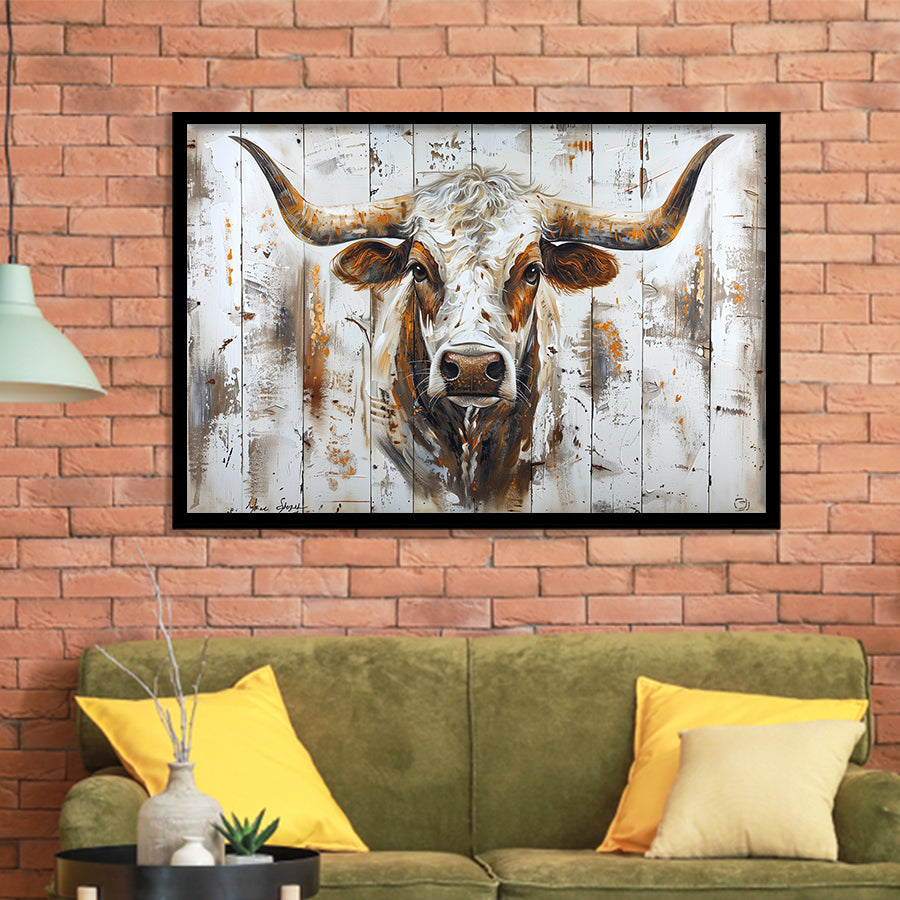Highland Longhorn Cow Painted On Wood Rustic Cabin V2, Framed Art Print Wall Decor, Framed Picture