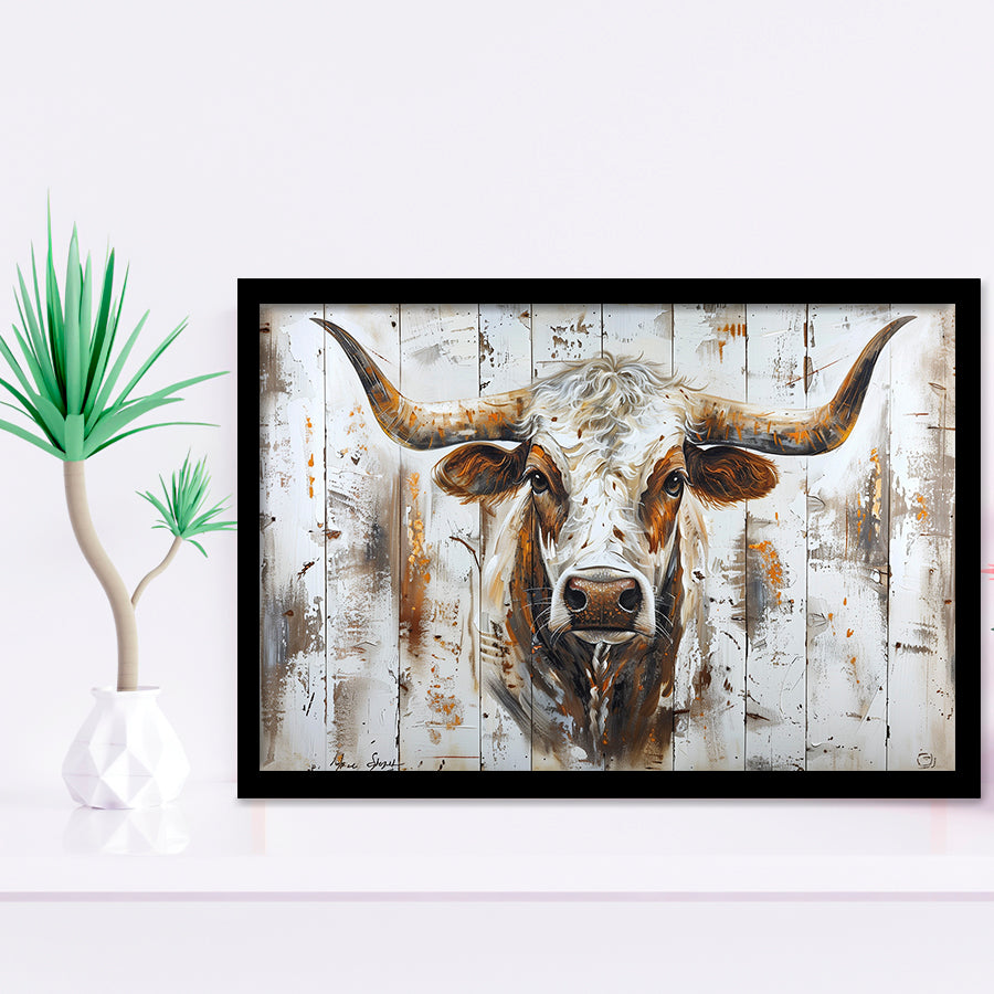 Highland Longhorn Cow Painted On Wood Rustic Cabin V2, Framed Art Print Wall Decor, Framed Picture