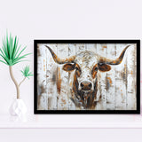 Highland Longhorn Cow Painted On Wood Rustic Cabin V2, Framed Art Print Wall Decor, Framed Picture