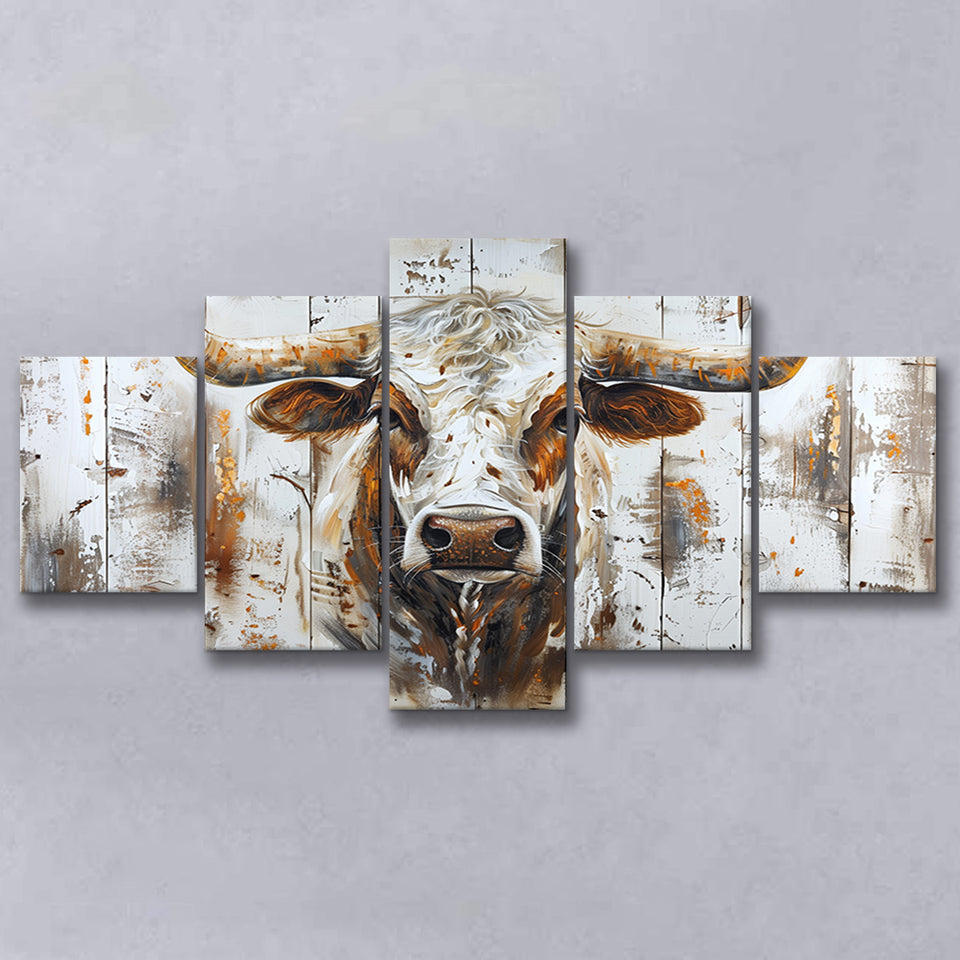 Highland Longhorn Cow Painted On Wood Rustic Cabin V2, Multi Panel Canvas Print Wall Art Decor, 5 Mixed Panel