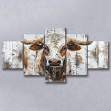 Highland Longhorn Cow Painted On Wood Rustic Cabin V2, Multi Panel Canvas Print Wall Art Decor, 5 Mixed Panel