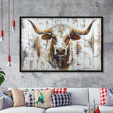 Highland Longhorn Cow Painted On Wood Rustic Cabin V2, Framed Art Print Wall Decor, Framed Picture