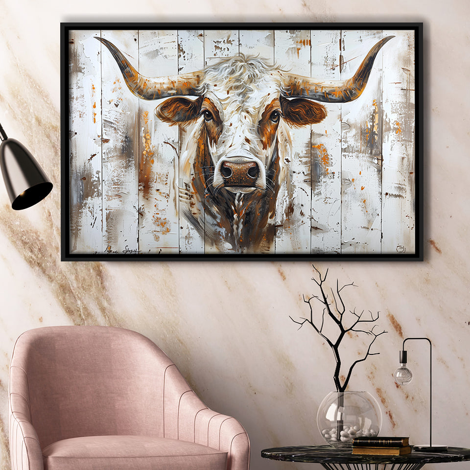 Highland Longhorn Cow Painted On Wood Rustic Cabin V2, Framed Canvas Print Wall Art Decor,Floating Frame