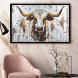 Highland Longhorn Cow Painted On Wood Rustic Cabin V2, Framed Canvas Print Wall Art Decor,Floating Frame