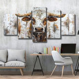 Highland Longhorn Cow Painted On Wood Rustic Cabin V2, Multi Panel Canvas Print Wall Art Decor, 5 Mixed Panel