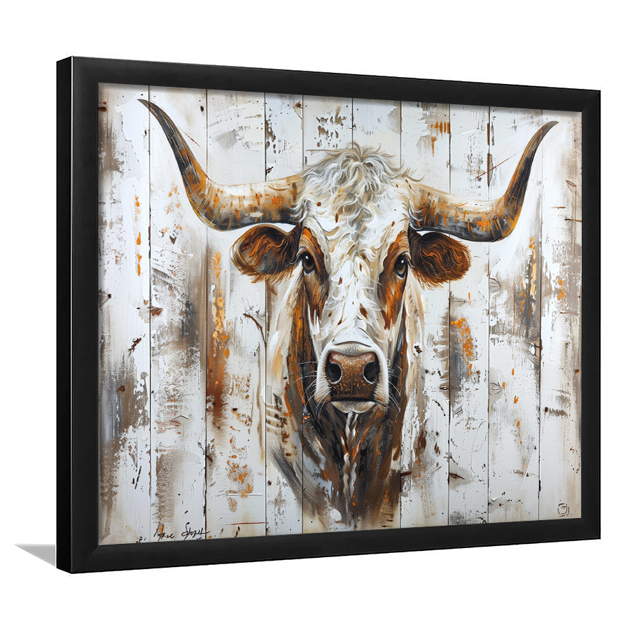 Highland Longhorn Cow Painted On Wood Rustic Cabin V2, Framed Art Print Wall Decor, Framed Picture
