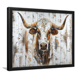Highland Longhorn Cow Painted On Wood Rustic Cabin V2, Framed Art Print Wall Decor, Framed Picture
