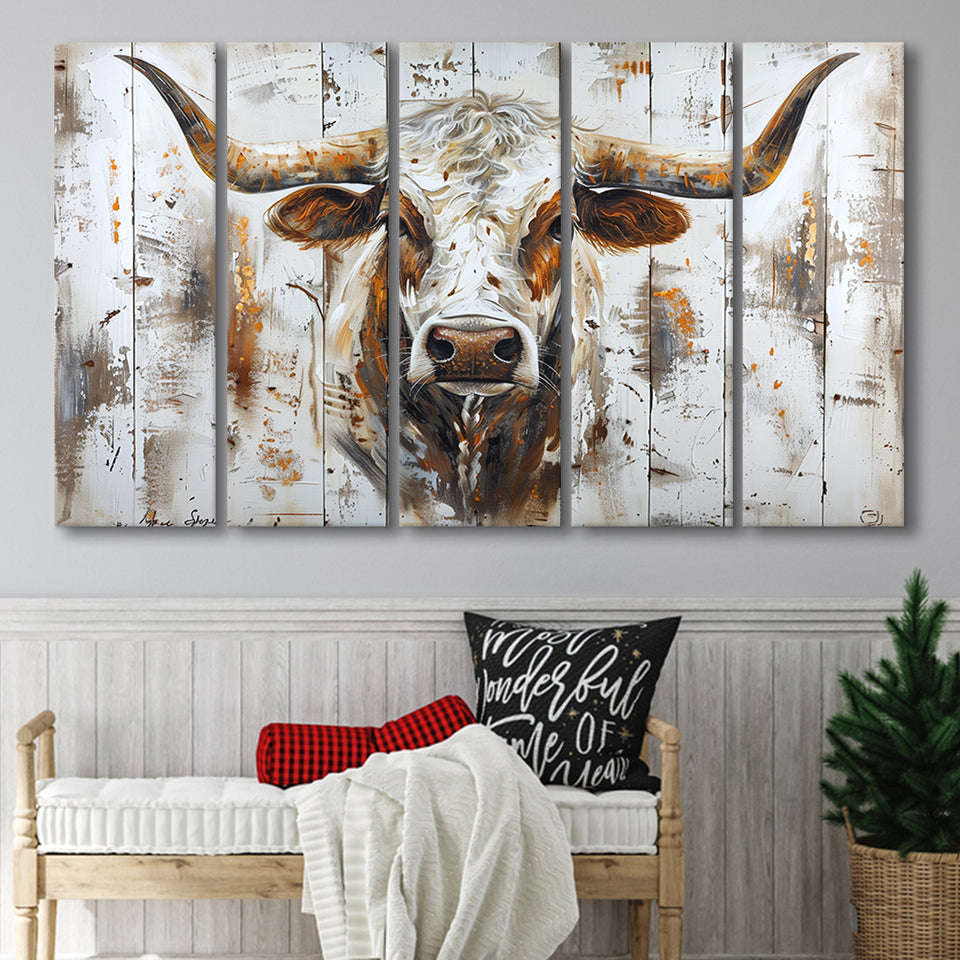 Highland Longhorn Cow Painted On Wood Rustic Cabin V2, Extra Large Multi 5 Panel Canvas Print Wall Art Decor