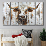Highland Longhorn Cow Painted On Wood Rustic Cabin V2, Extra Large Multi 5 Panel Canvas Print Wall Art Decor
