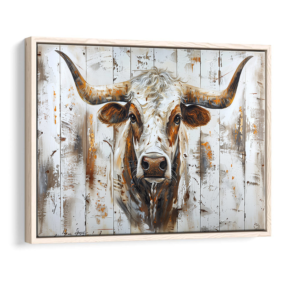 Highland Longhorn Cow Painted On Wood Rustic Cabin V2, Framed Canvas Print Wall Art Decor,Floating Frame