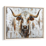 Highland Longhorn Cow Painted On Wood Rustic Cabin V2, Framed Canvas Print Wall Art Decor,Floating Frame