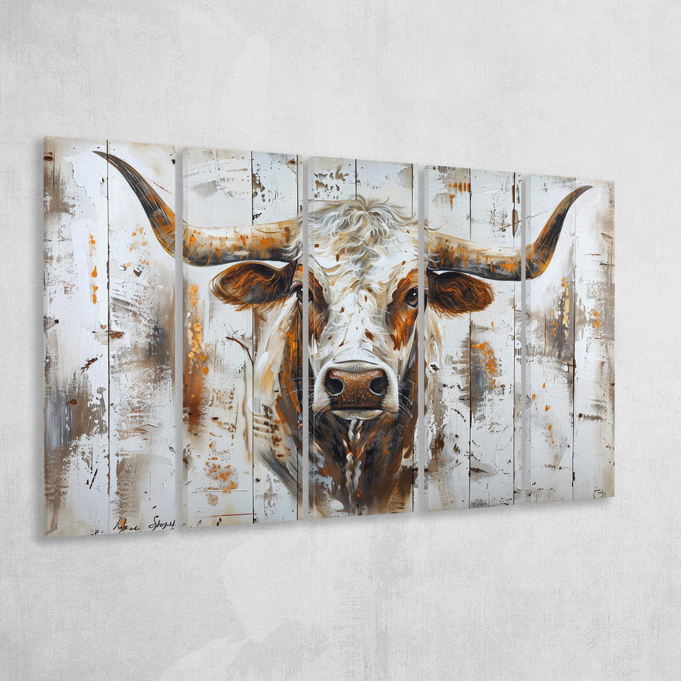 Highland Longhorn Cow Painted On Wood Rustic Cabin V2, Extra Large Multi 5 Panel Canvas Print Wall Art Decor