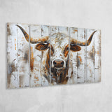 Highland Longhorn Cow Painted On Wood Rustic Cabin V2, Extra Large Multi 5 Panel Canvas Print Wall Art Decor