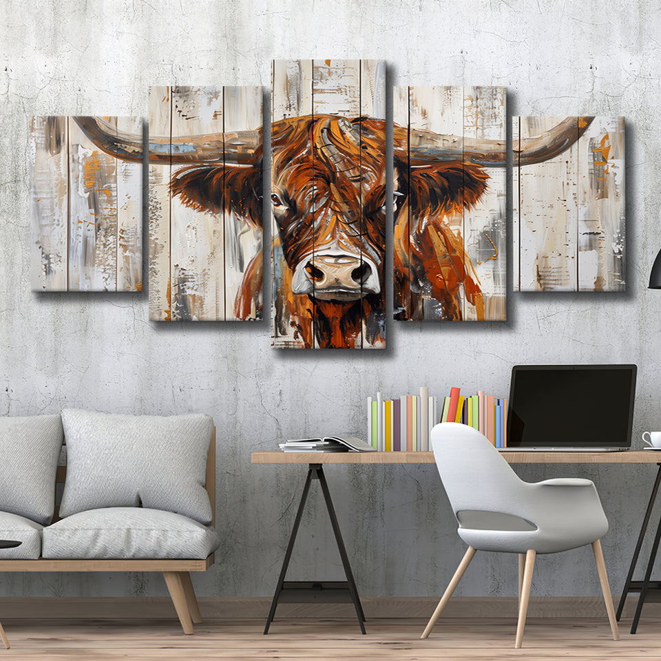 Highland Longhorn Cow Painted On Wood Rustic Cabin V3, Multi Panel Canvas Print Wall Art Decor, 5 Mixed Panel