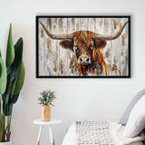 Highland Longhorn Cow Painted On Wood Rustic Cabin V3, Framed Canvas Print Wall Art Decor,Floating Frame