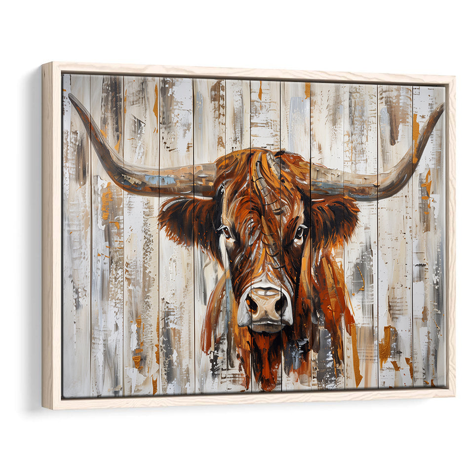 Highland Longhorn Cow Painted On Wood Rustic Cabin V3, Framed Canvas Print Wall Art Decor,Floating Frame
