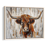 Highland Longhorn Cow Painted On Wood Rustic Cabin V3, Framed Canvas Print Wall Art Decor,Floating Frame