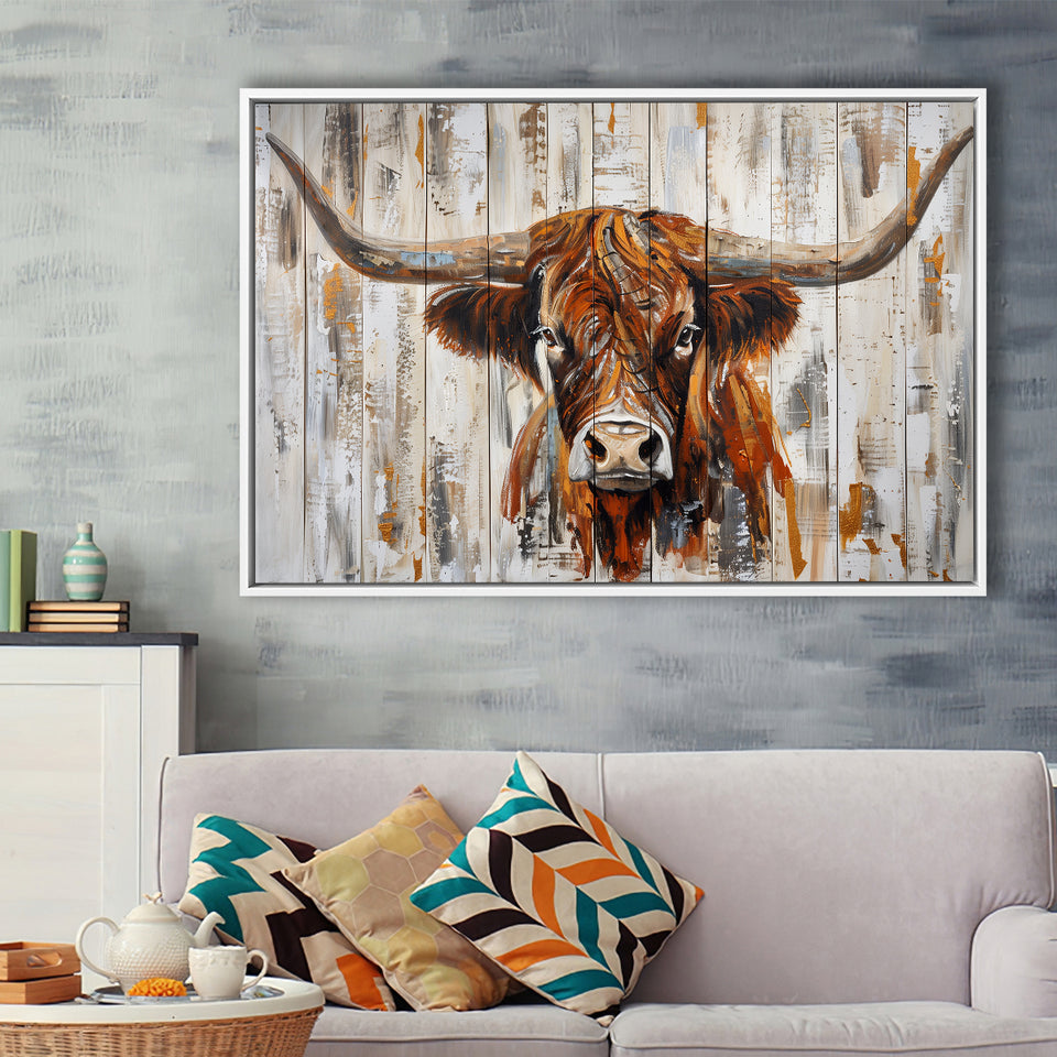 Highland Longhorn Cow Painted On Wood Rustic Cabin V3, Framed Canvas Print Wall Art Decor,Floating Frame