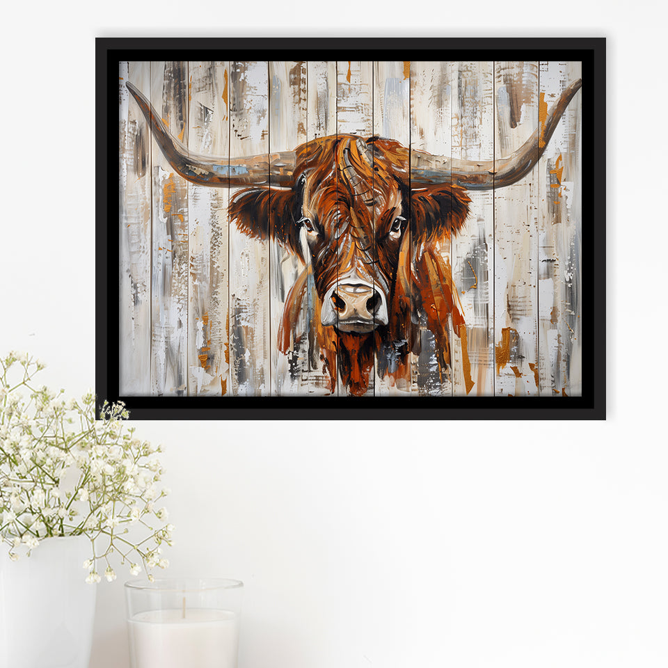 Highland Longhorn Cow Painted On Wood Rustic Cabin V3, Framed Canvas Print Wall Art Decor,Floating Frame