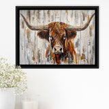Highland Longhorn Cow Painted On Wood Rustic Cabin V3, Framed Canvas Print Wall Art Decor,Floating Frame