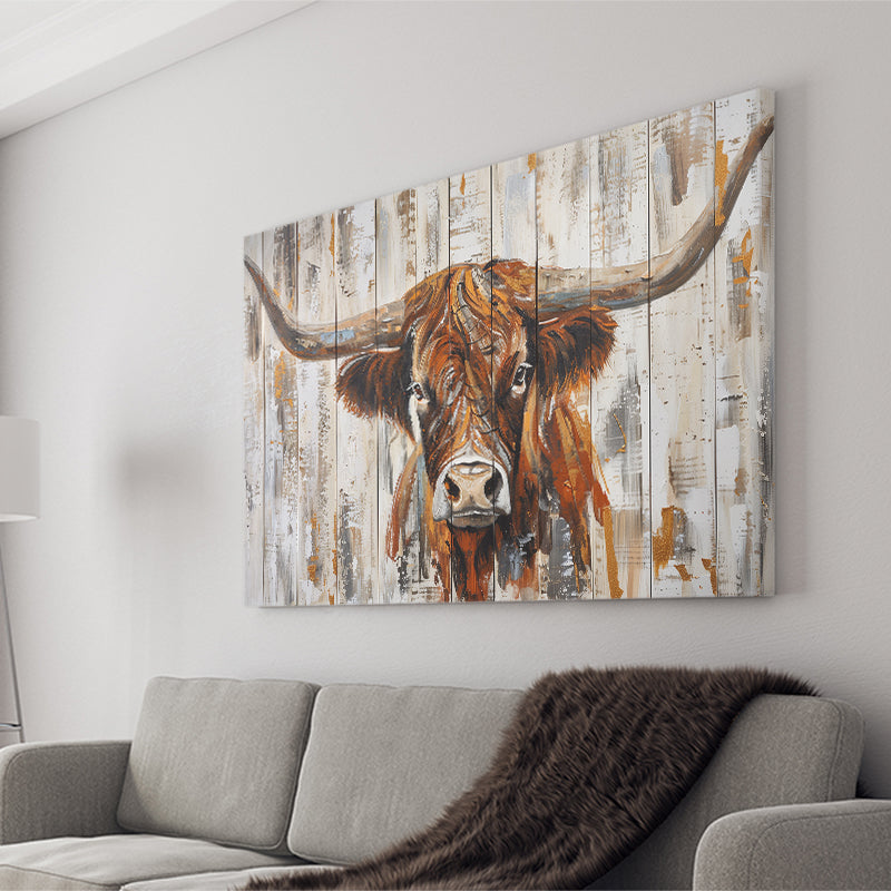 Highland Longhorn Cow Painted On Wood Rustic Cabin V3, Canvas Print Wall Art Decor, Landscape Art Print