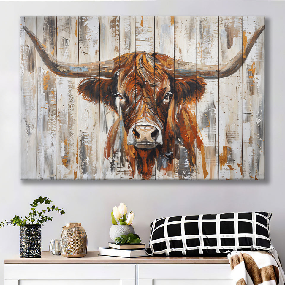Highland Longhorn Cow Painted On Wood Rustic Cabin V3, Canvas Print Wall Art Decor, Landscape Art Print