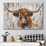 Highland Longhorn Cow Painted On Wood Rustic Cabin V3, Canvas Print Wall Art Decor, Landscape Art Print