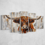 Highland Longhorn Cow Painted On Wood Rustic Cabin V3, Multi Panel Canvas Print Wall Art Decor, 5 Mixed Panel