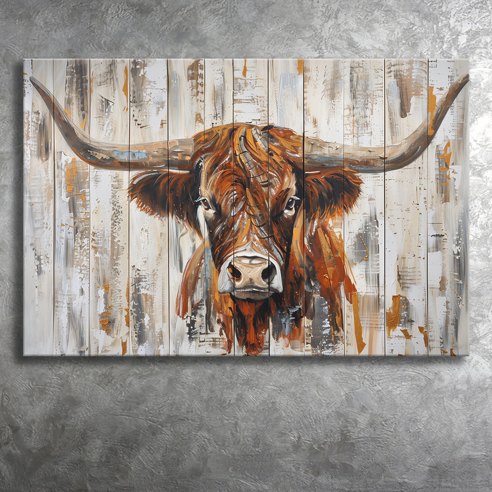 Highland Longhorn Cow Painted On Wood Rustic Cabin V3, Canvas Print Wall Art Decor, Landscape Art Print