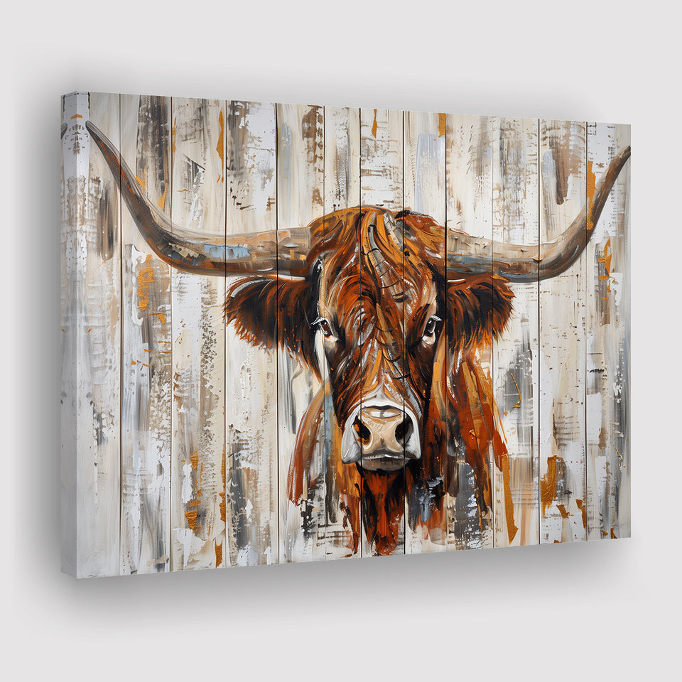 Highland Longhorn Cow Painted On Wood Rustic Cabin V3, Canvas Print Wall Art Decor, Landscape Art Print