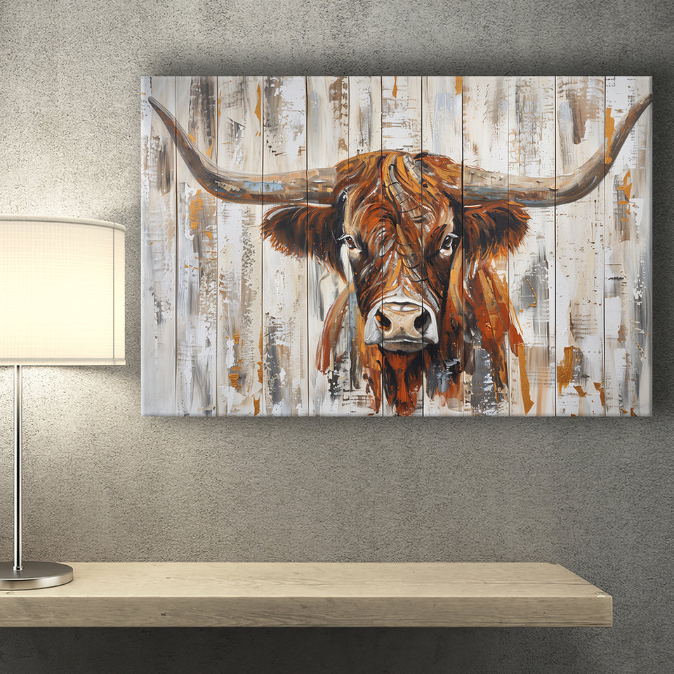 Highland Longhorn Cow Painted On Wood Rustic Cabin V3, Canvas Print Wall Art Decor, Landscape Art Print