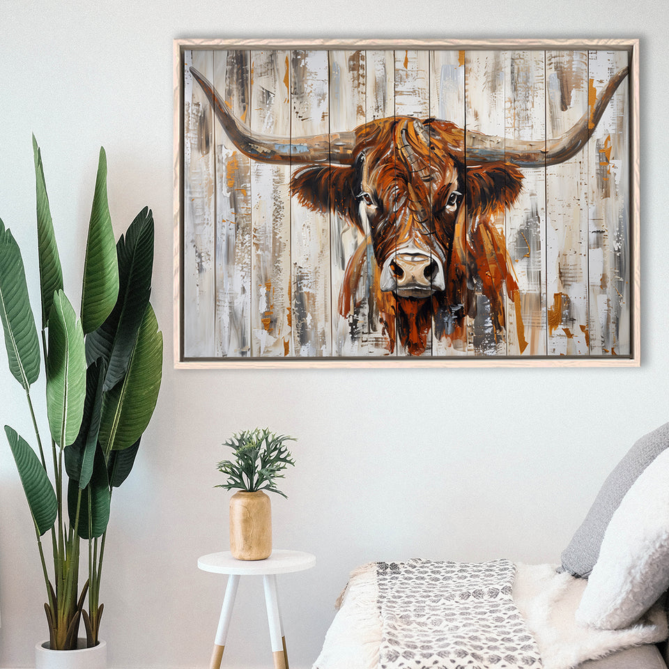 Highland Longhorn Cow Painted On Wood Rustic Cabin V3, Framed Canvas Print Wall Art Decor,Floating Frame