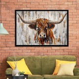 Highland Longhorn Cow Painted On Wood Rustic Cabin V3, Framed Art Print Wall Decor, Framed Picture
