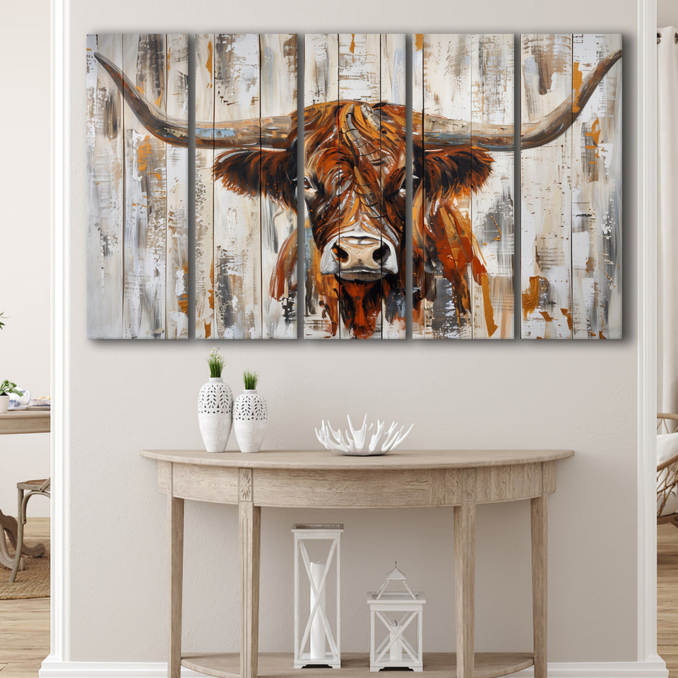 Highland Longhorn Cow Painted On Wood Rustic Cabin V3, Extra Large Multi 5 Panel Canvas Print Wall Art Decor