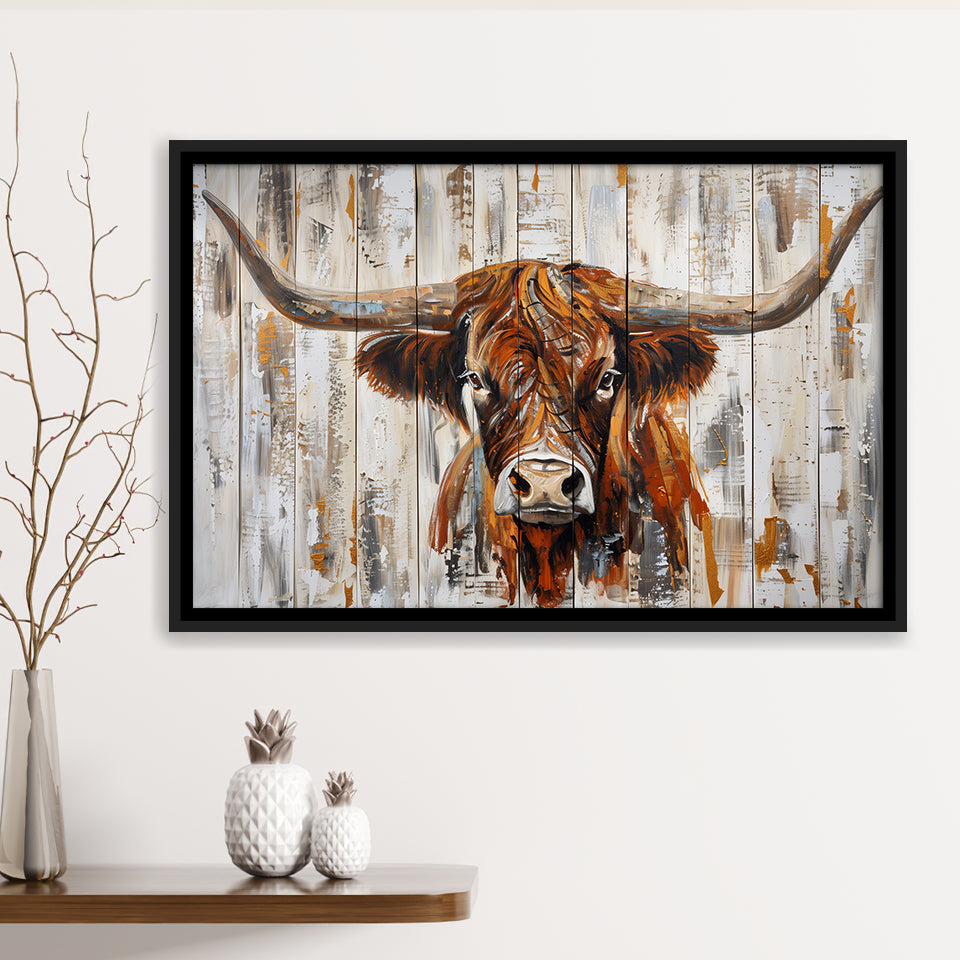 Highland Longhorn Cow Painted On Wood Rustic Cabin V3, Framed Canvas Print Wall Art Decor,Floating Frame