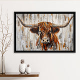 Highland Longhorn Cow Painted On Wood Rustic Cabin V3, Framed Canvas Print Wall Art Decor,Floating Frame