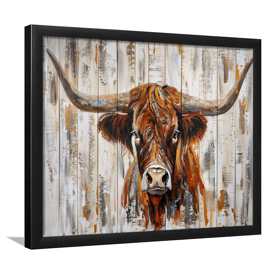 Highland Longhorn Cow Painted On Wood Rustic Cabin V3, Framed Art Print Wall Decor, Framed Picture