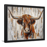 Highland Longhorn Cow Painted On Wood Rustic Cabin V3, Framed Art Print Wall Decor, Framed Picture