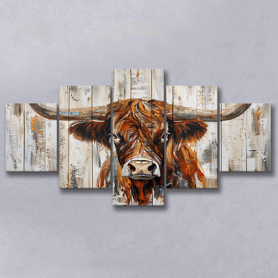 Highland Longhorn Cow Painted On Wood Rustic Cabin V3, Multi Panel Canvas Print Wall Art Decor, 5 Mixed Panel