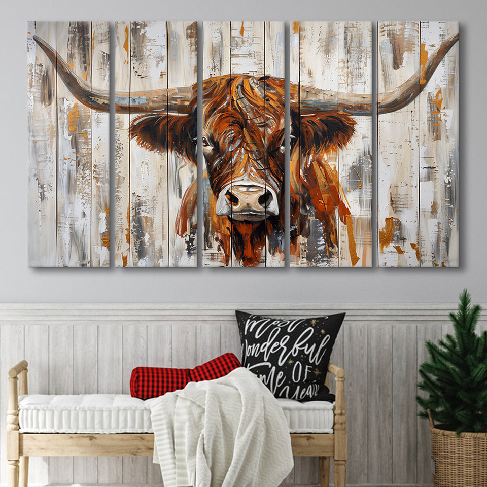 Highland Longhorn Cow Painted On Wood Rustic Cabin V3, Extra Large Multi 5 Panel Canvas Print Wall Art Decor