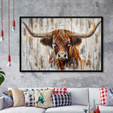 Highland Longhorn Cow Painted On Wood Rustic Cabin V3, Framed Art Print Wall Decor, Framed Picture