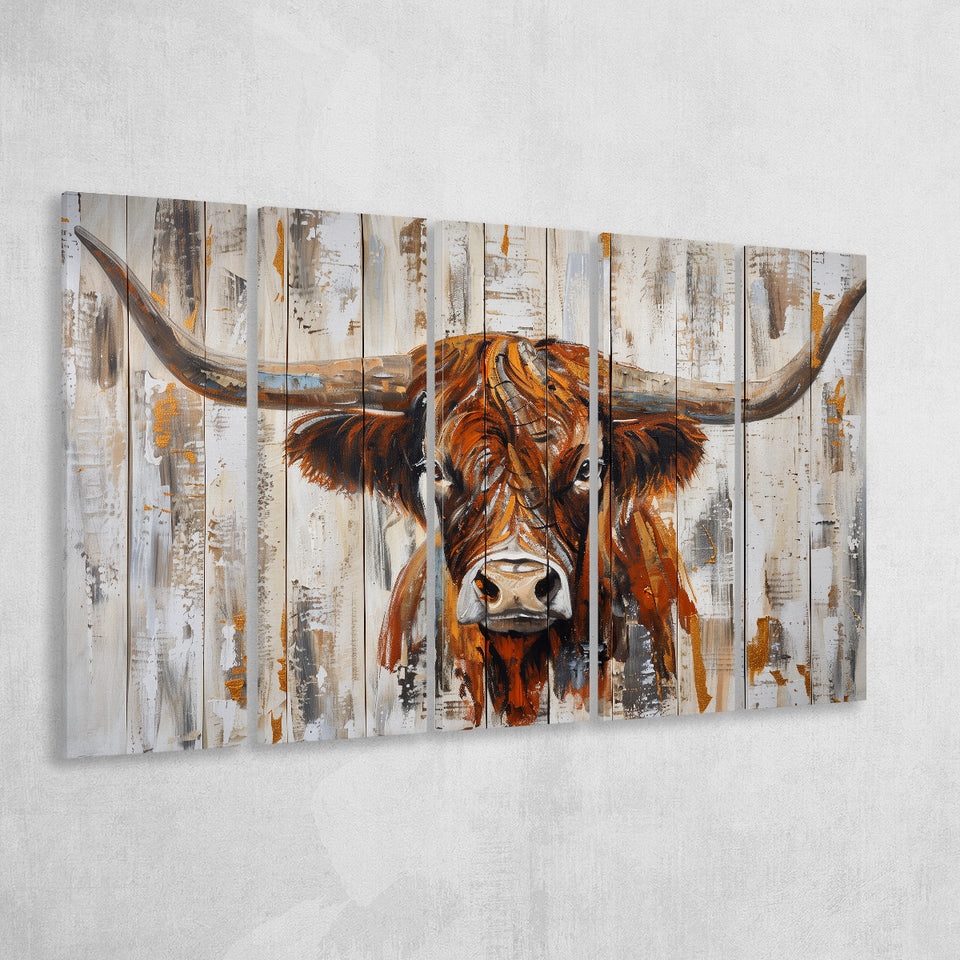 Highland Longhorn Cow Painted On Wood Rustic Cabin V3, Extra Large Multi 5 Panel Canvas Print Wall Art Decor