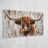 Highland Longhorn Cow Painted On Wood Rustic Cabin V3, Extra Large Multi 5 Panel Canvas Print Wall Art Decor