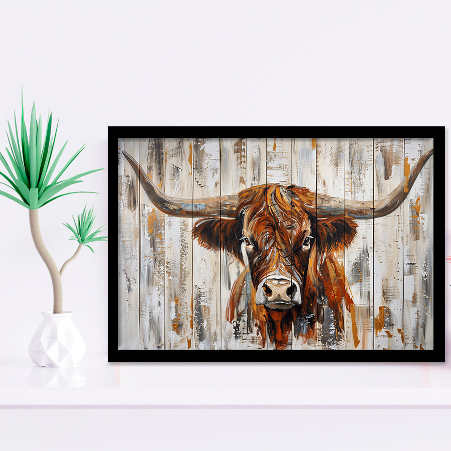 Highland Longhorn Cow Painted On Wood Rustic Cabin V3, Framed Art Print Wall Decor, Framed Picture