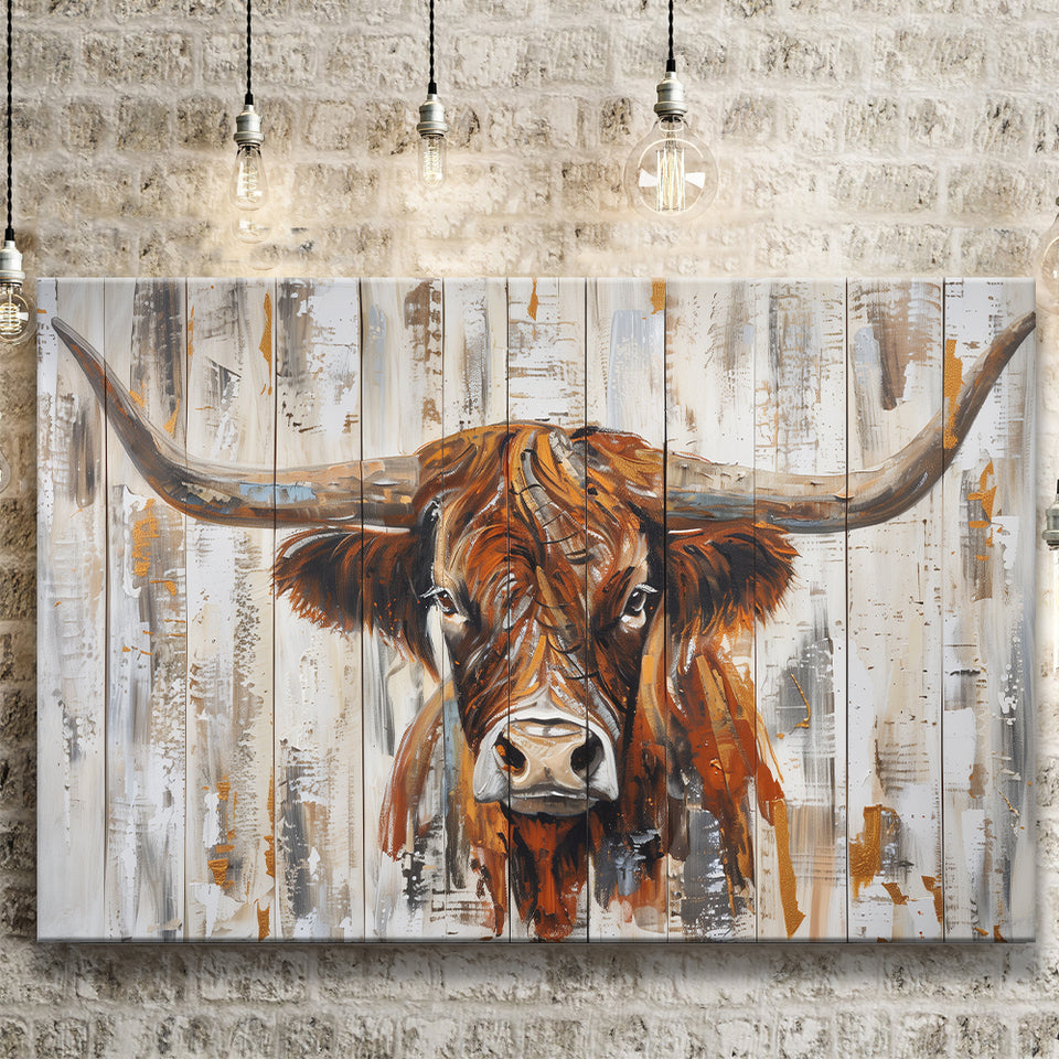 Highland Longhorn Cow Painted On Wood Rustic Cabin V3, Canvas Print Wall Art Decor, Landscape Art Print