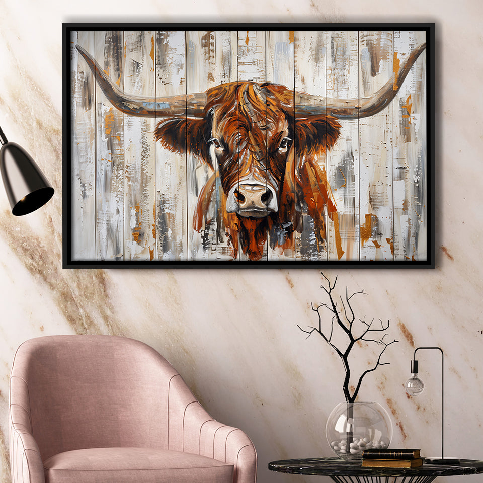 Highland Longhorn Cow Painted On Wood Rustic Cabin V3, Framed Canvas Print Wall Art Decor,Floating Frame